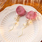 Exquisite bean paste pink tulle flower tassel long ear hooks