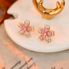 EH-1963 Girl Pink Flower Stud Earrings【Real Gold Plating Thickened Sapphire】