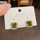 No. 58 Green-Micro-Inlaid Square Diamond Earrings (Thick Gold Plating)
