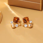 Champagne Crystal Diamond Pearl Stud Earrings
