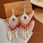 8-Red Beads Feather Tassel Ear Hook 110b