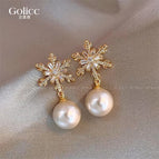 Gold Snowflake Diamond Pearl Stud Earrings