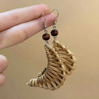 Brown Wooden Bead Crescent Vine Woven Earrings