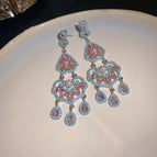56#Silver Needle-Silver-Blue-Pink-Diamond Pearl Hollow Pattern Water Drop Tassel Earrings
