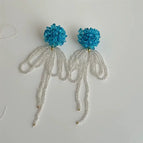 Exquisite Blue Flower Tassel Bow Long Earrings