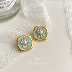 4759 Silver Needle Matte Green Stud Earrings
