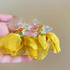 Exquisitely woven flower tassel yellow chiffon petal earrings