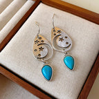 51#Silver-Blue-Moon Star Artificial Stone Water Drop Tassel Pendant Ear Hook