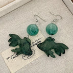 2505168B Green Glass Ball Goldfish Earrings