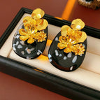 60#Silver Needle-Gold-Black-Metal Flower Oval Resin Stud Earrings