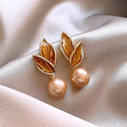 9# Leaf Pearl Earrings (Real Gold Plating)