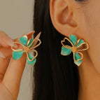 Retro Geometric Blue Green Flower Stud Earrings 3180