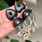 2601057 Wooden Heart Jellyfish Turquoise Flower Tassel Earrings (S925 Silver Needle)