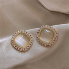 11#Gold square opal rhinestone stud earrings
