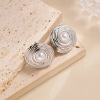 ED091 Circle Pattern Pearl Stud Earrings Steel Color