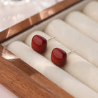 Cube Sugar Ear Studs-White Gold Color Red Bead- / 925 Silver