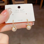 No. 5 Zircon Bow Pearl Earrings (Thick Gold Plating)