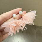 Fresh Pink Mesh Petal Pearl Earrings