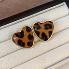 925 Silver Needle-Leopard Print Love Heart Stud Earrings (G50145)-