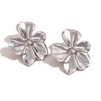 Cast Five Petal Flower Stud Earrings-Large-Steel Color