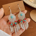 9-Red and Blue Beads Feather Tassel Ear Hook 110A