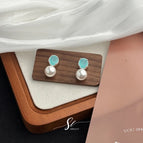 Ellipse Zircon Pearl Stud Earrings/Green-Blue