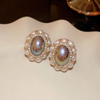 10#Silver Needle-Gold-Diamond Oval Stud Earrings