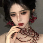 Red flower tassel earrings