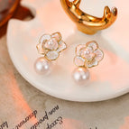 MMEH-0086 Flower Pearl Stud Earrings【Real Gold Plating Thickened Sapphire】