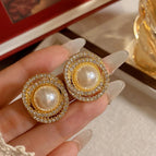Gold round Pearl Diamond Ear Clip