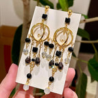 2511225 Black and White Crystal Tassel Long Earrings (S925 Silver Needle)