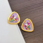 2408037 Pink and Purple Oil Painting Flower Earrings (S925 Silver Needle)