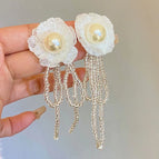Temperament lace pearl flower tassel bow earrings