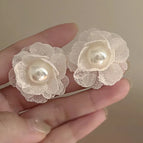 White Lace Petal Pearl Flower Stud Earrings