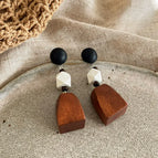 Black Semi-Circular Bead Irregular Wooden Block Pendant Earrings