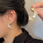 Diamond butterfly pearl stud earrings