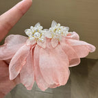 Pearl Braided Flower Pink Chiffon Petal Stud Earrings