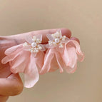 Ins style pearl flower pink chiffon petal earrings