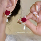 Rose Water Drop Pearl Stud Earrings【Flocking】