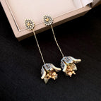 46#Silver Needle - Gold - Blue - Water Drop Inlaid Diamond Oil Drop Flower Tassel Earrings