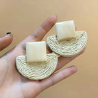 White Wood Grain Straw Woven Half Round Earrings