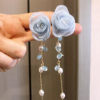 Blue Fabric Rose Tassel Beaded Long Earrings