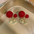 Red Pearl Round Ball Gold Pony Pendant Earrings