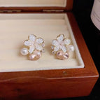 Pink crystal flower pearl stud earrings