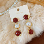 Red and White Matching Pearl Tassel Stud Earrings