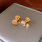 62 # Gold-Blue-18K Real Gold Plated Zircon Mother-of-Pearl Sun Texture Earrings