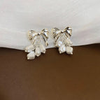 Silver Stud Bow Pearl Tassel Earrings
