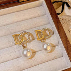 Letter D Pearl Diamond Earrings-Silver Needle