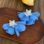 Ins style pearl flower blue chiffon petal earrings