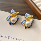 38#Silver Needle - Gold - Blue - Oil Drop Flower Gradient Petal Irregular Artificial Pearl Earrings